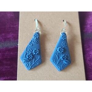 Polymer Clay Blue Floral Dangling Pierced Earrings New